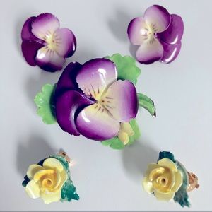 Vintage Cara Staffordshire China Flower Brooch and Two Clip-on Earrings Set